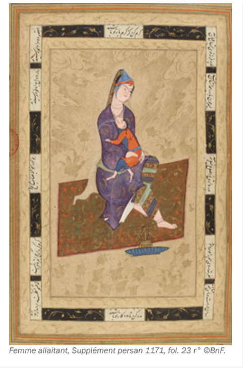 Illustration : Femme allaitant, Supplément persan 1171, fol. 23 r° © BnF.